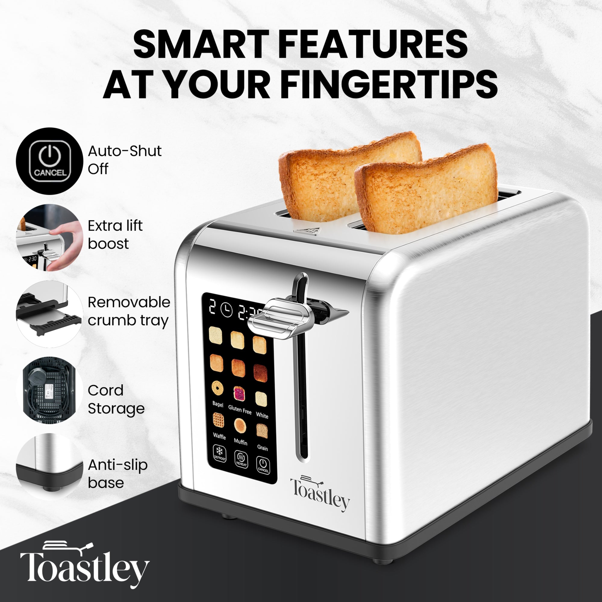 Toastley 2 Slice Smart Toaster, Silver