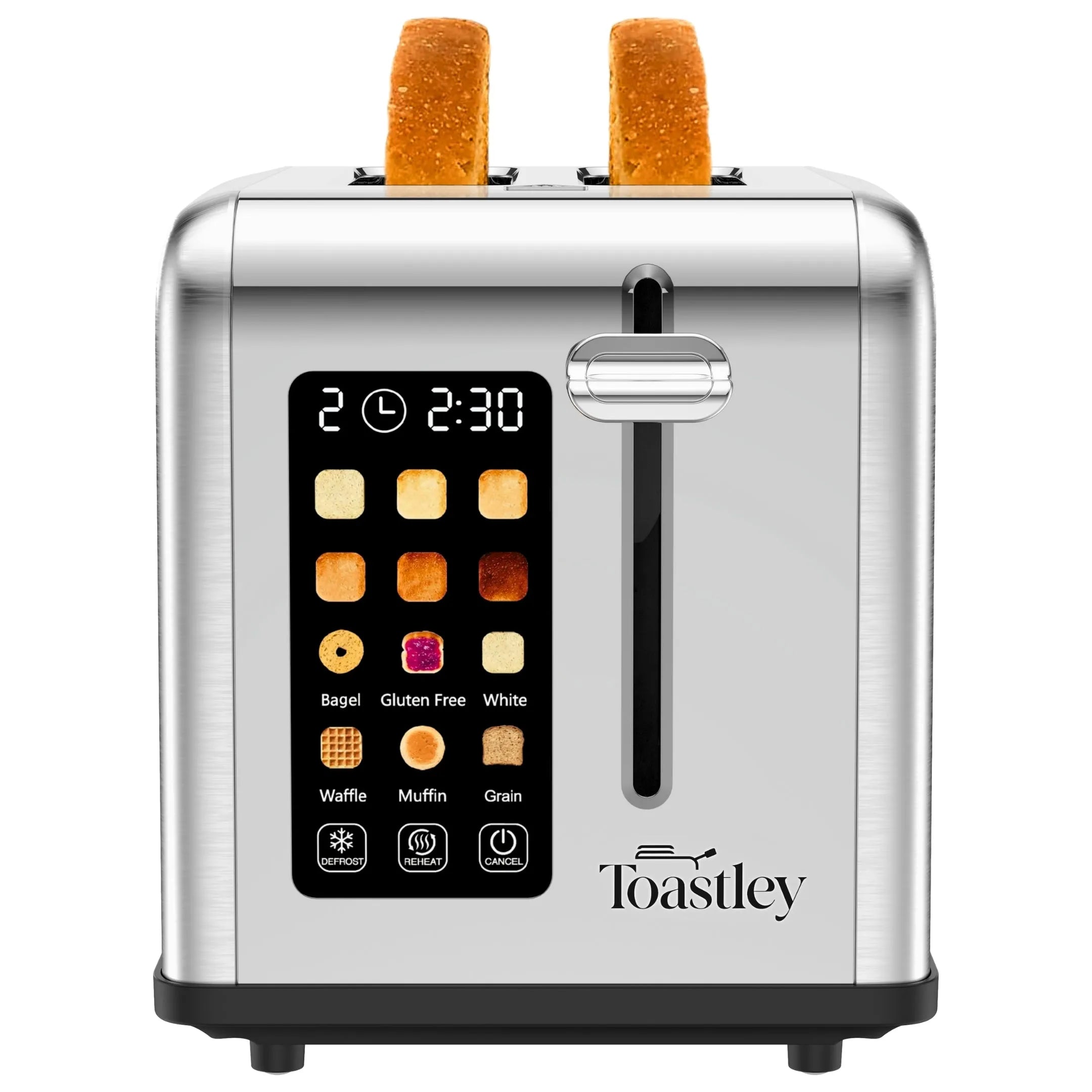 Image of Silver toaster with digital display and Toastley branding on a white background