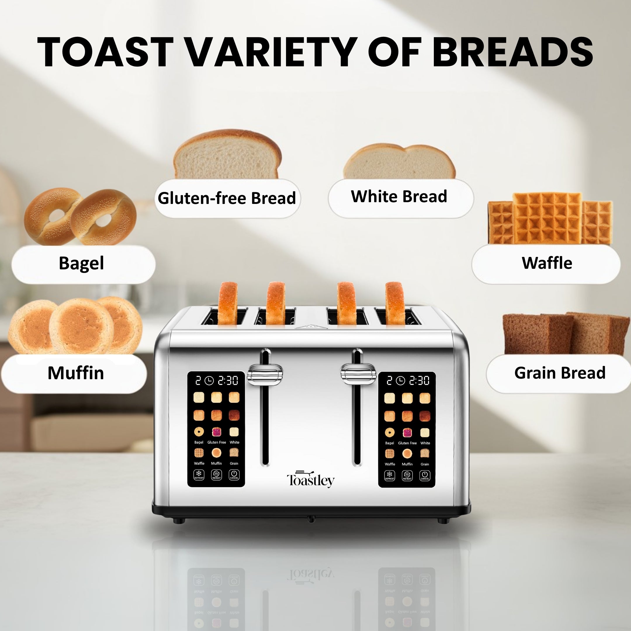 Toastley 4 Slice Smart Toaster, Silver